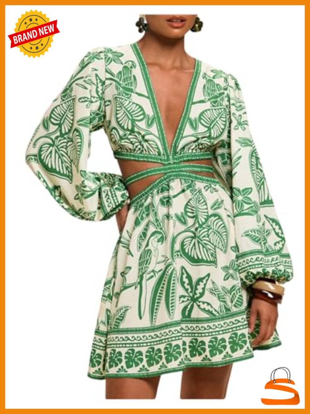 Tropical Floral Mini Dress Long Bishop Sleeve V Neck Tie Back Beach